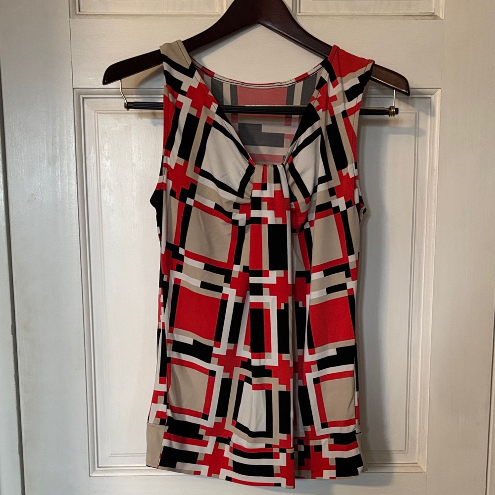 New York & Company Orange Black Cream Geometric Blouse